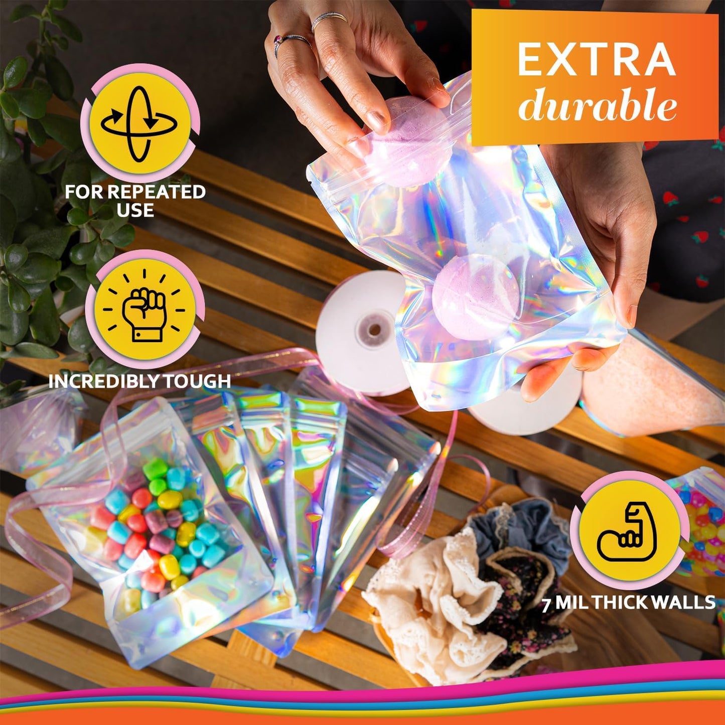 100 Pcs Iridescent Resealable Mylar Bags - 5x7 Inch Ziplock Heat Sealable Stand Up Pouches Parties Small Business Packaging