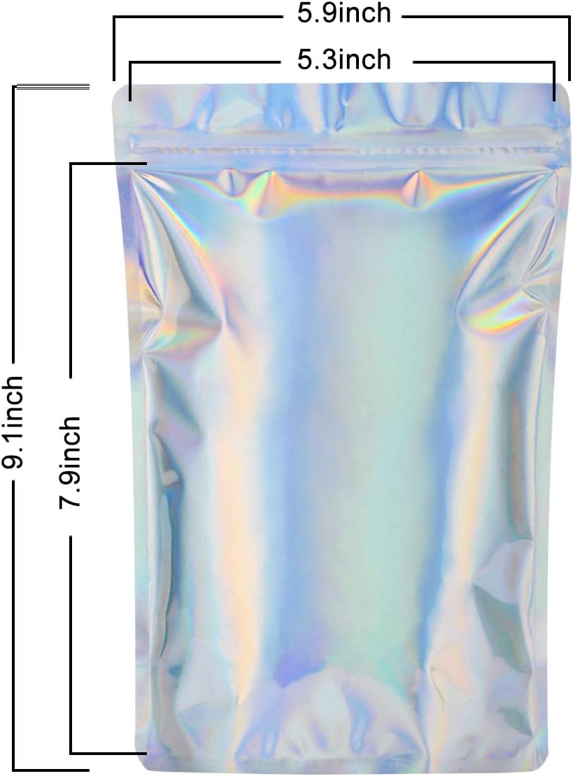 Stand Up Holographic Mylar Bags Resealable Zipper Bags for Small Business Packaging Supplies(100PACK, 6x9IN)