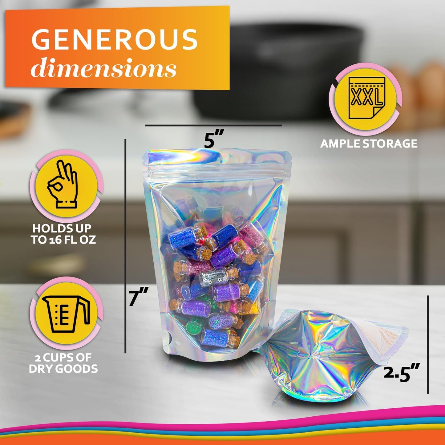 100 Pcs Iridescent Resealable Mylar Bags - 5x7 Inch Ziplock Heat Sealable Stand Up Pouches Parties Small Business Packaging