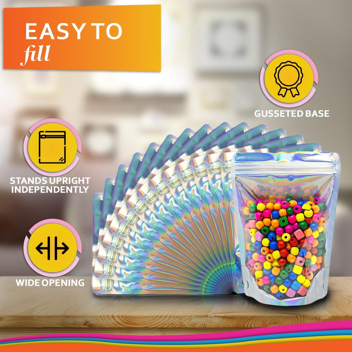 100 Pcs Iridescent Resealable Mylar Bags - 5x7 Inch Ziplock Heat Sealable Stand Up Pouches Parties Small Business Packaging