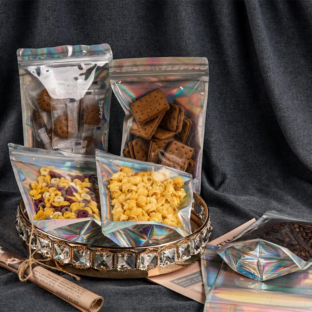 Stand Up Holographic Mylar Bags Resealable Zipper Bags for Small Business Packaging Supplies(100PACK, 6x9IN)