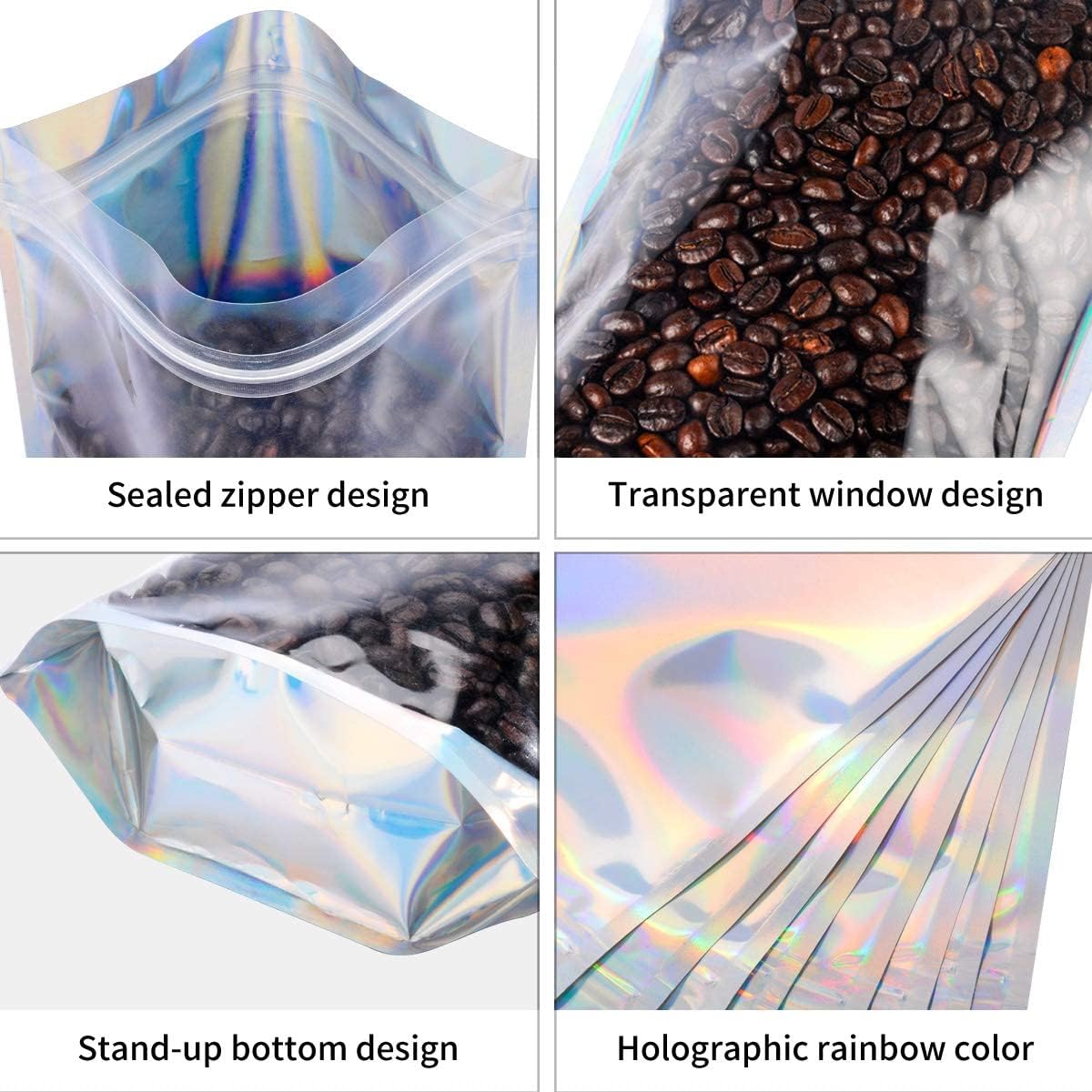Stand Up Holographic Mylar Bags Resealable Zipper Bags for Small Business Packaging Supplies(100PACK, 6x9IN)
