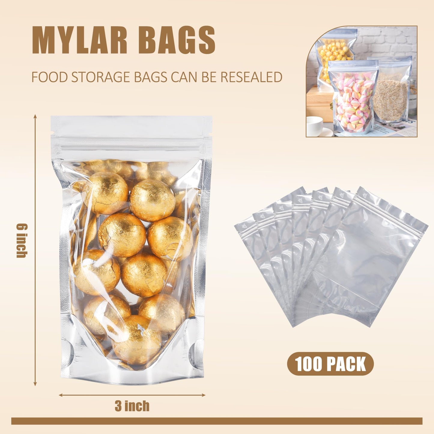 100 Pack 5x8 Mylar Bags for Food Storage and Resealable Stand Up for Small Business Packaging Supplies Great for Party Favor Food Storage