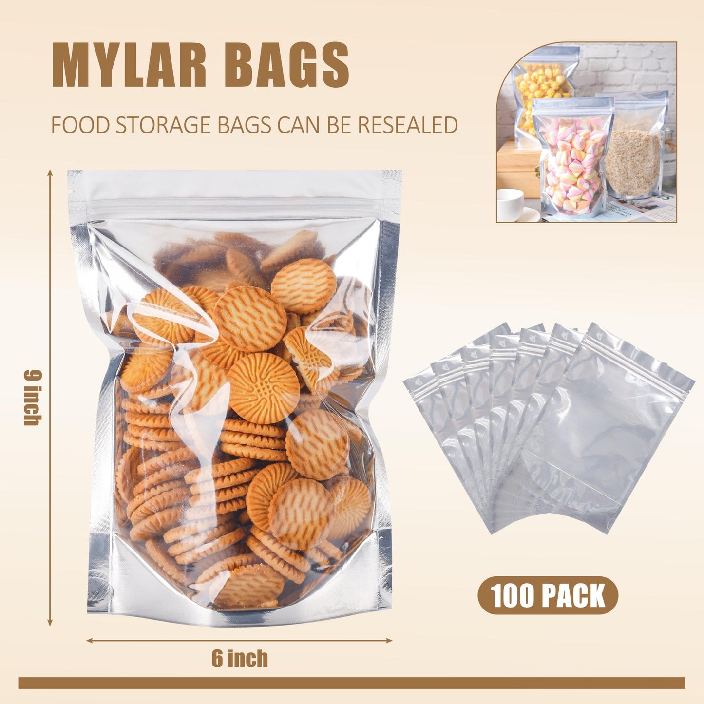 100 Pack 5x8 Mylar Bags for Food Storage and Resealable Stand Up for Small Business Packaging Supplies Great for Party Favor Food Storage