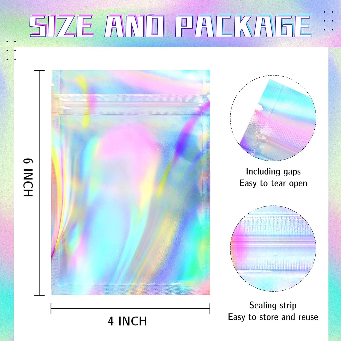 Stand Up Holographic Mylar Bags Resealable Zipper Bags for Small Business Packaging Supplies(100PACK, 6x9IN)