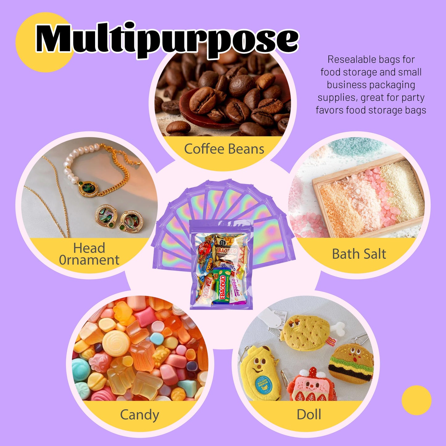 100 Pack 5x8 Mylar Bags for Food Storage and Resealable Stand Up for Small Business Packaging Supplies Great for Party Favor Food Storage