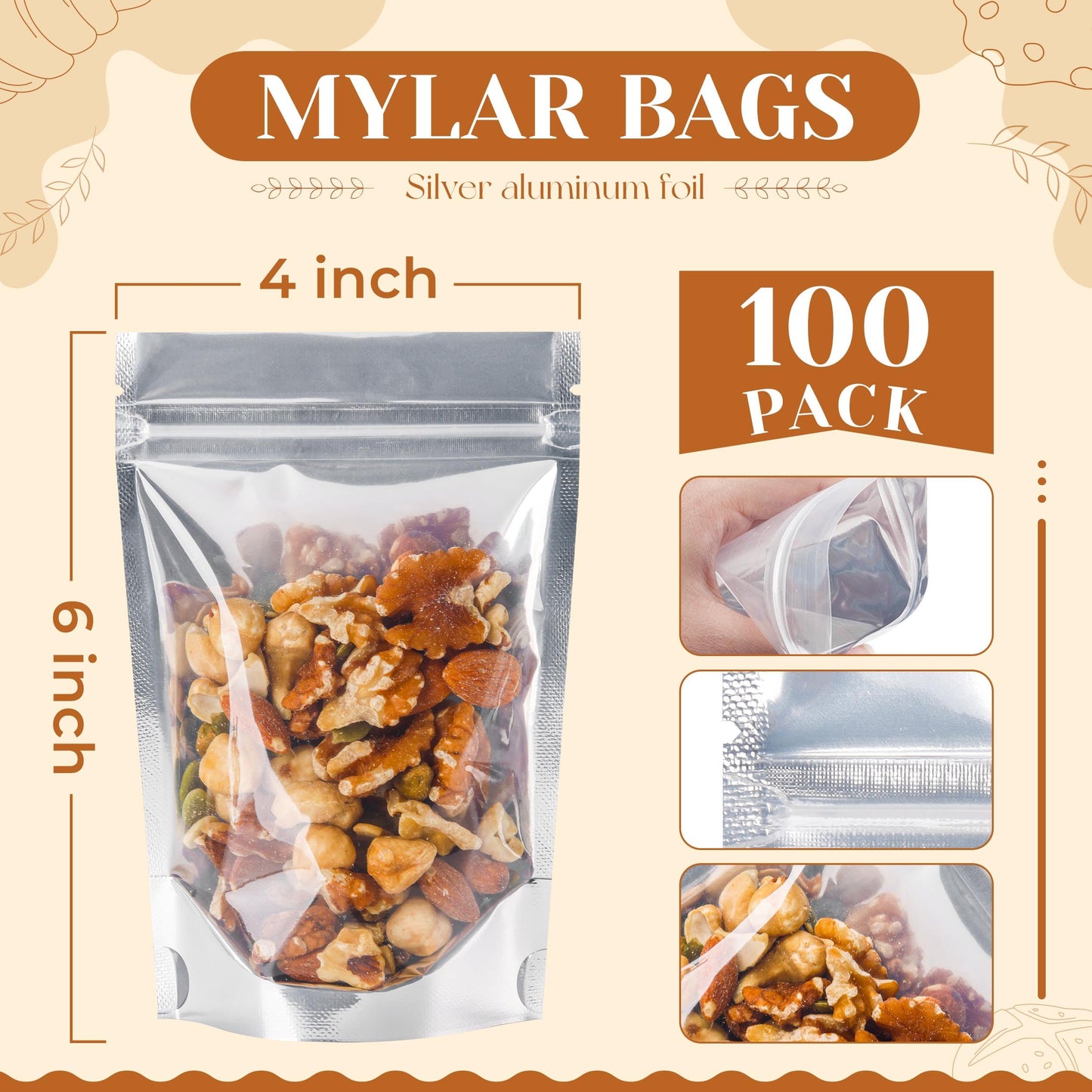 100 Pack 5x8 Mylar Bags for Food Storage and Resealable Stand Up for Small Business Packaging Supplies Great for Party Favor Food Storage