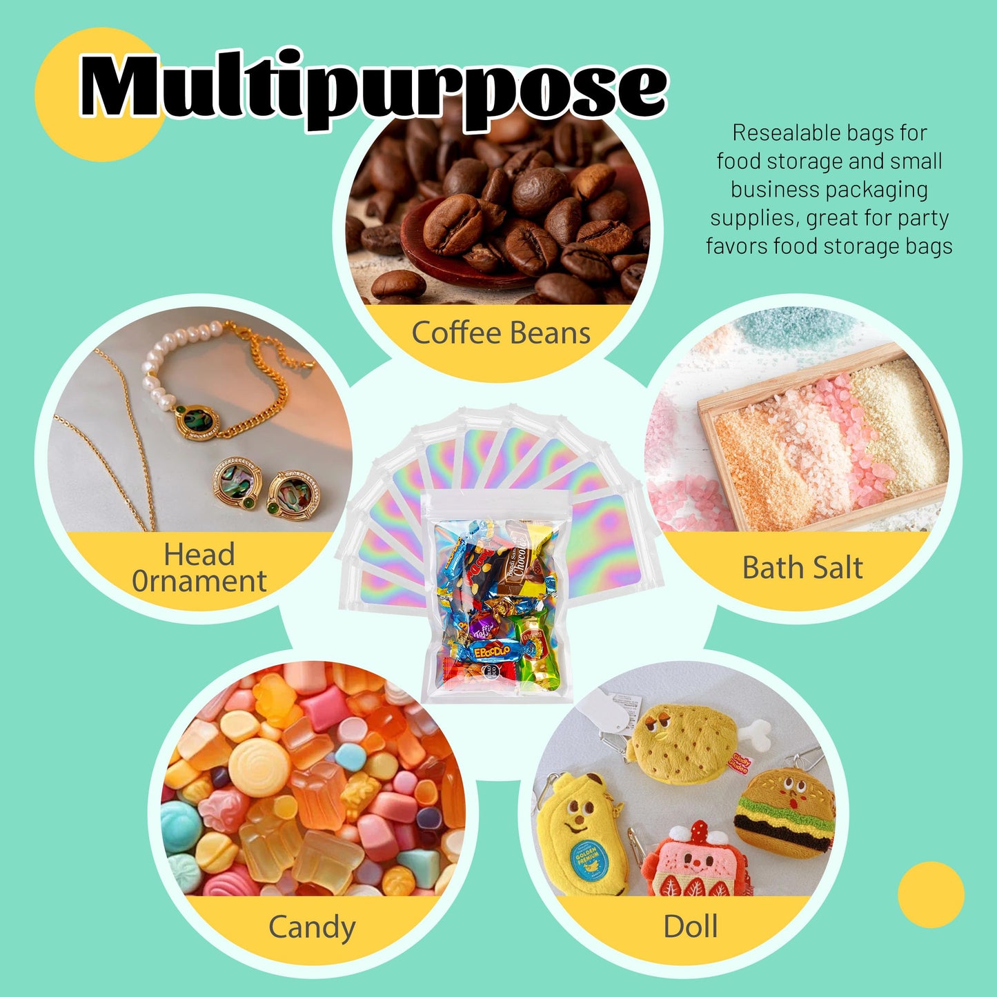 100 Pack 5x8 Mylar Bags for Food Storage and Resealable Stand Up for Small Business Packaging Supplies Great for Party Favor Food Storage