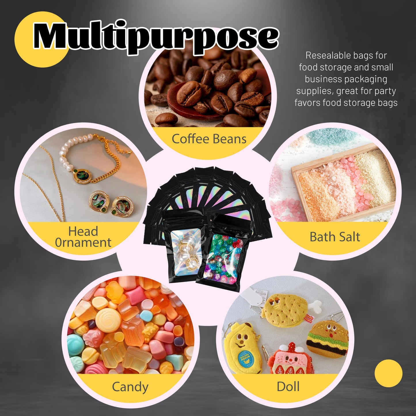 100 Pack 5x8 Mylar Bags for Food Storage and Resealable Stand Up for Small Business Packaging Supplies Great for Party Favor Food Storage