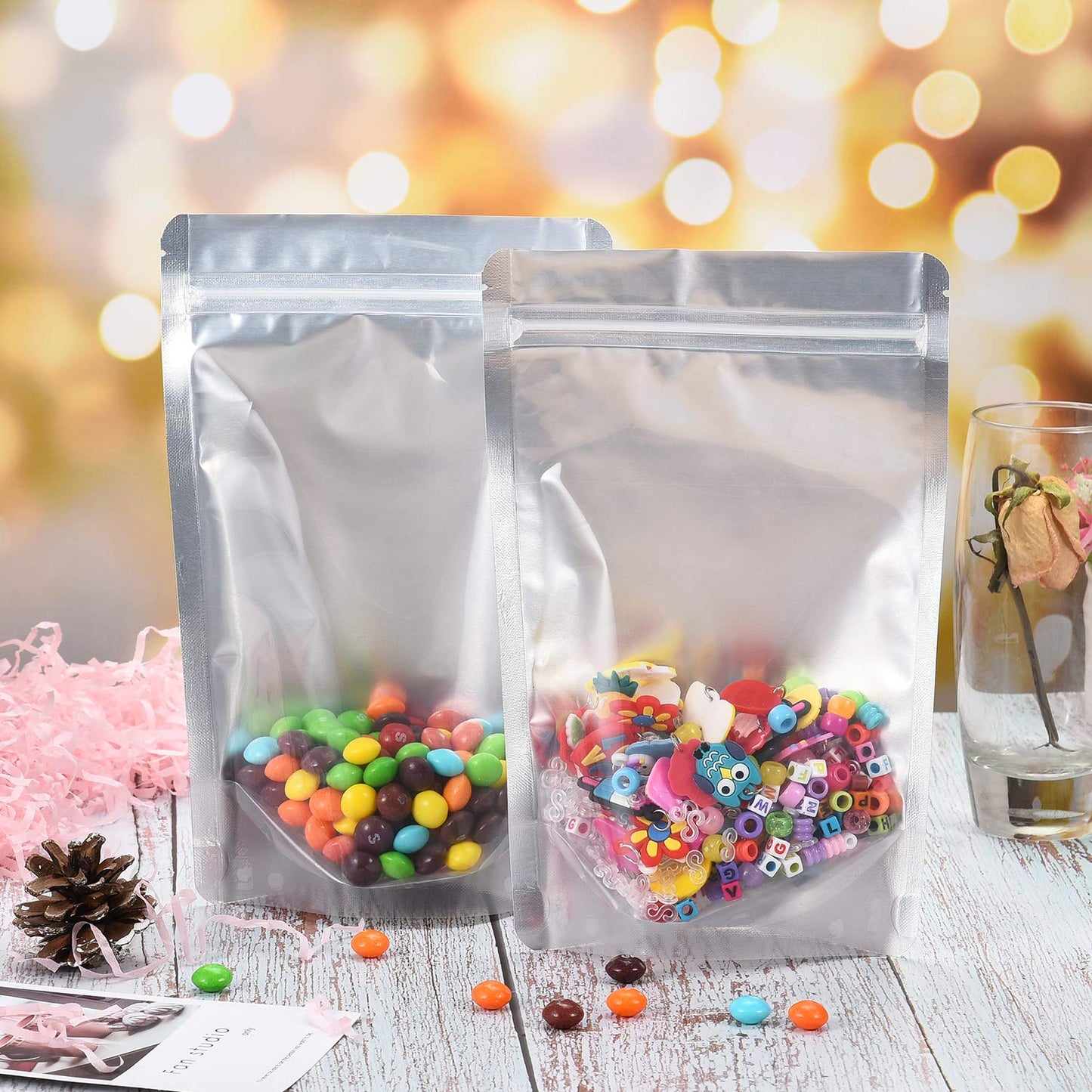 LZLPACKING 100 Pieces resealable Mylar Bags with Clear Front Window,Smell Proof Edible Packaging,Stand up Pouches Bags for Food Storage(5×8 Inch/12.7 x 20.3cm)