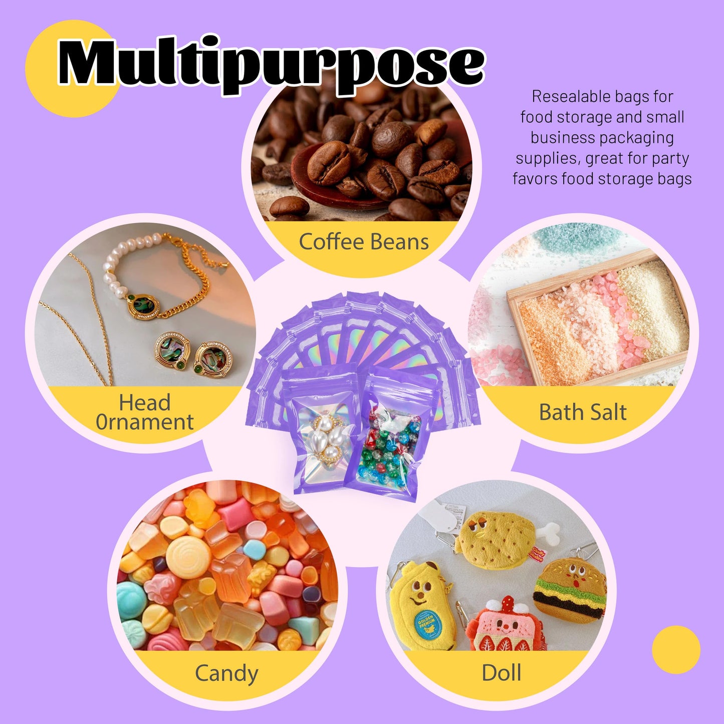 100 Pack 5x8 Mylar Bags for Food Storage and Resealable Stand Up for Small Business Packaging Supplies Great for Party Favor Food Storage
