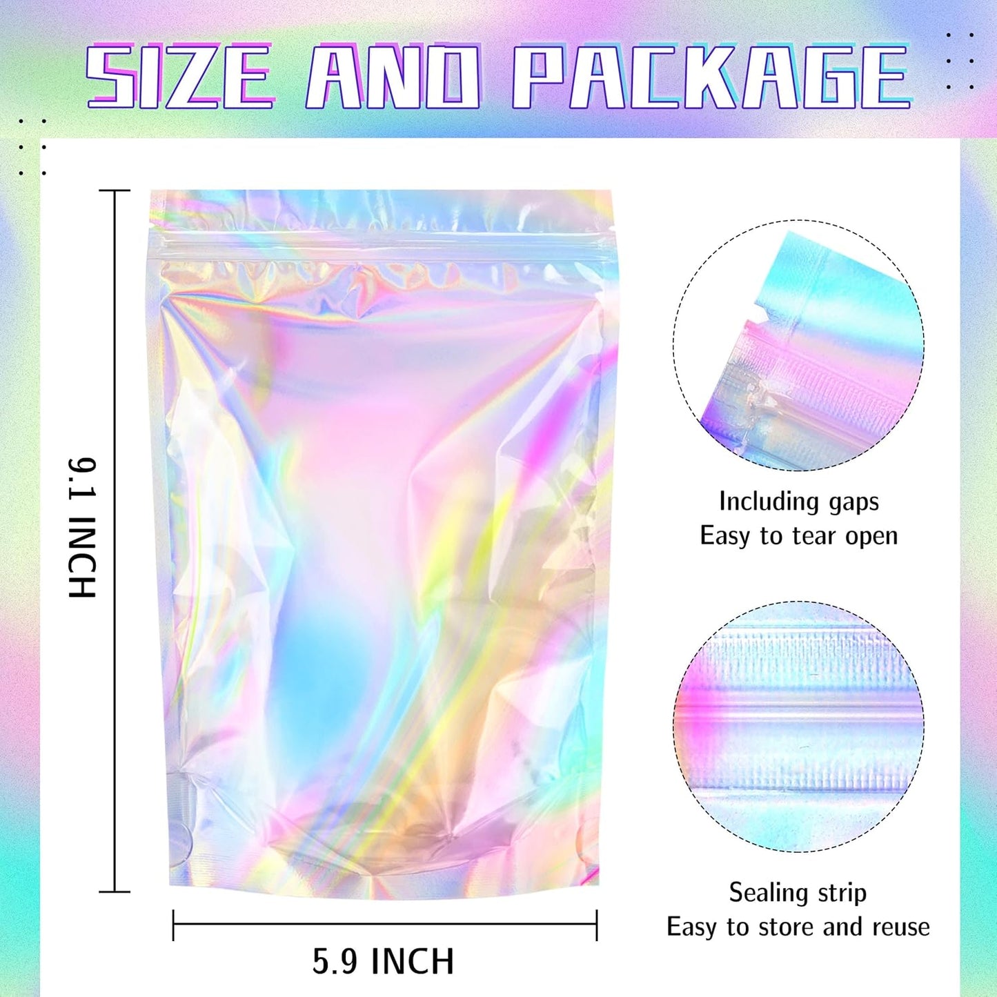 Stand Up Holographic Mylar Bags Resealable Zipper Bags for Small Business Packaging Supplies(100PACK, 6x9IN)