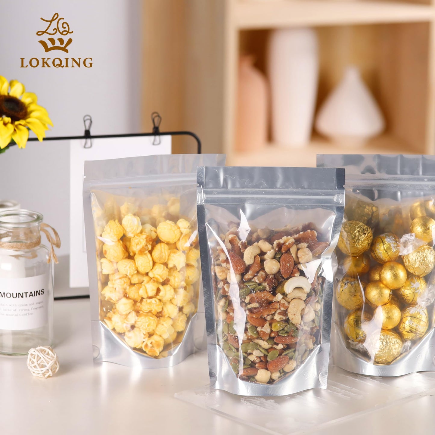 100 Pack 5x8 Mylar Bags for Food Storage and Resealable Stand Up for Small Business Packaging Supplies Great for Party Favor Food Storage