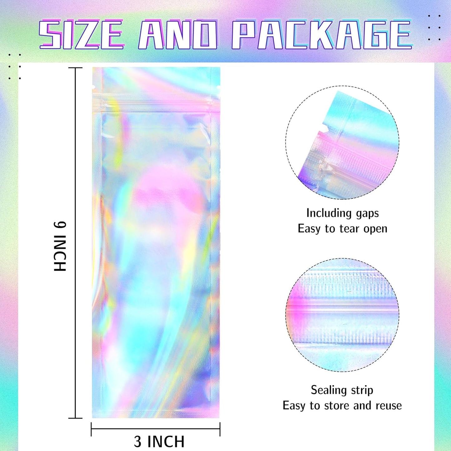 Stand Up Holographic Mylar Bags Resealable Zipper Bags for Small Business Packaging Supplies(100PACK, 6x9IN)