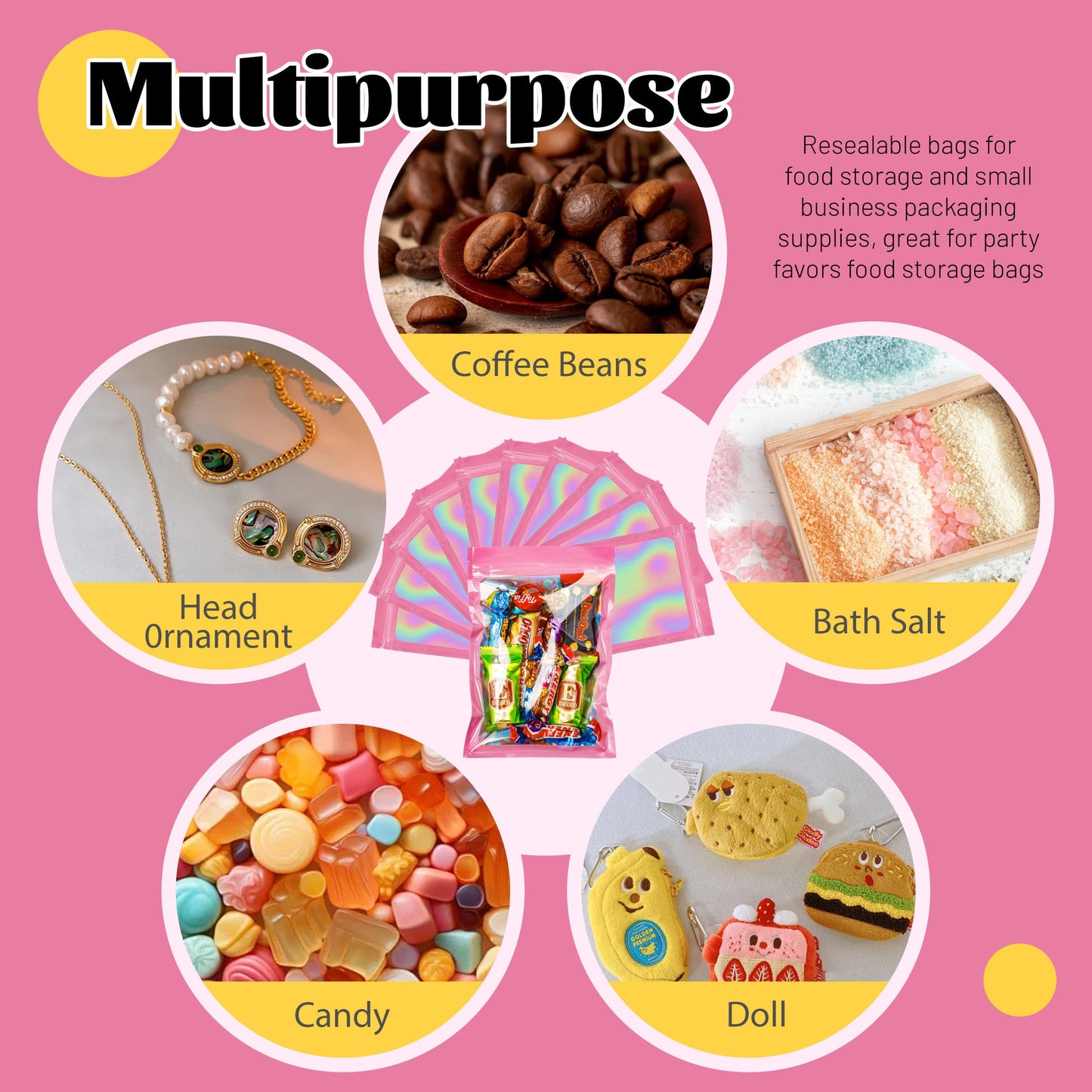 100 Pack 5x8 Mylar Bags for Food Storage and Resealable Stand Up for Small Business Packaging Supplies Great for Party Favor Food Storage