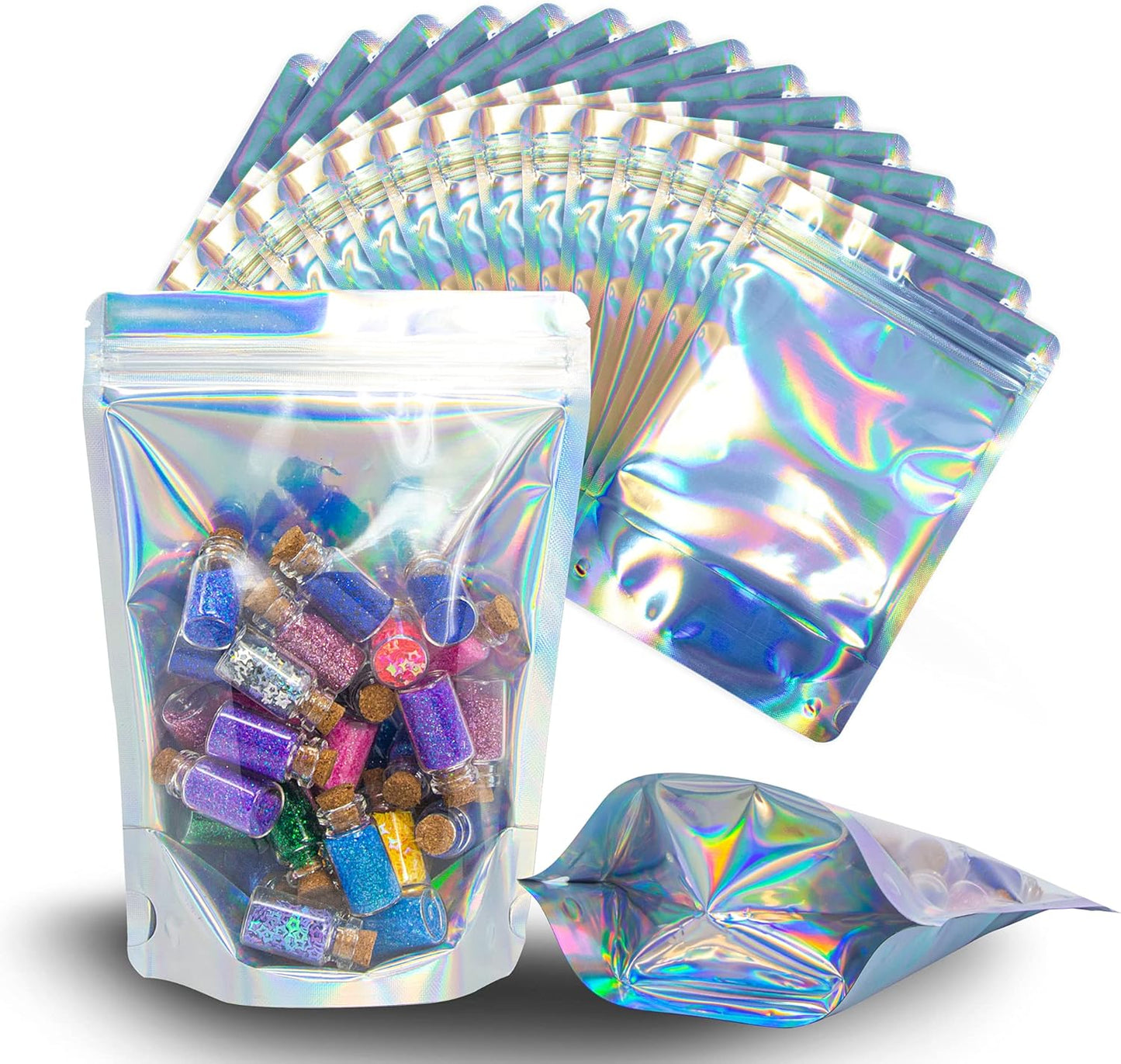 100 Pcs Iridescent Resealable Mylar Bags - 5x7 Inch Ziplock Heat Sealable Stand Up Pouches Parties Small Business Packaging