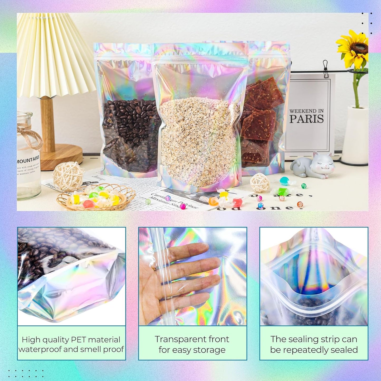 Stand Up Holographic Mylar Bags Resealable Zipper Bags for Small Business Packaging Supplies(100PACK, 6x9IN)