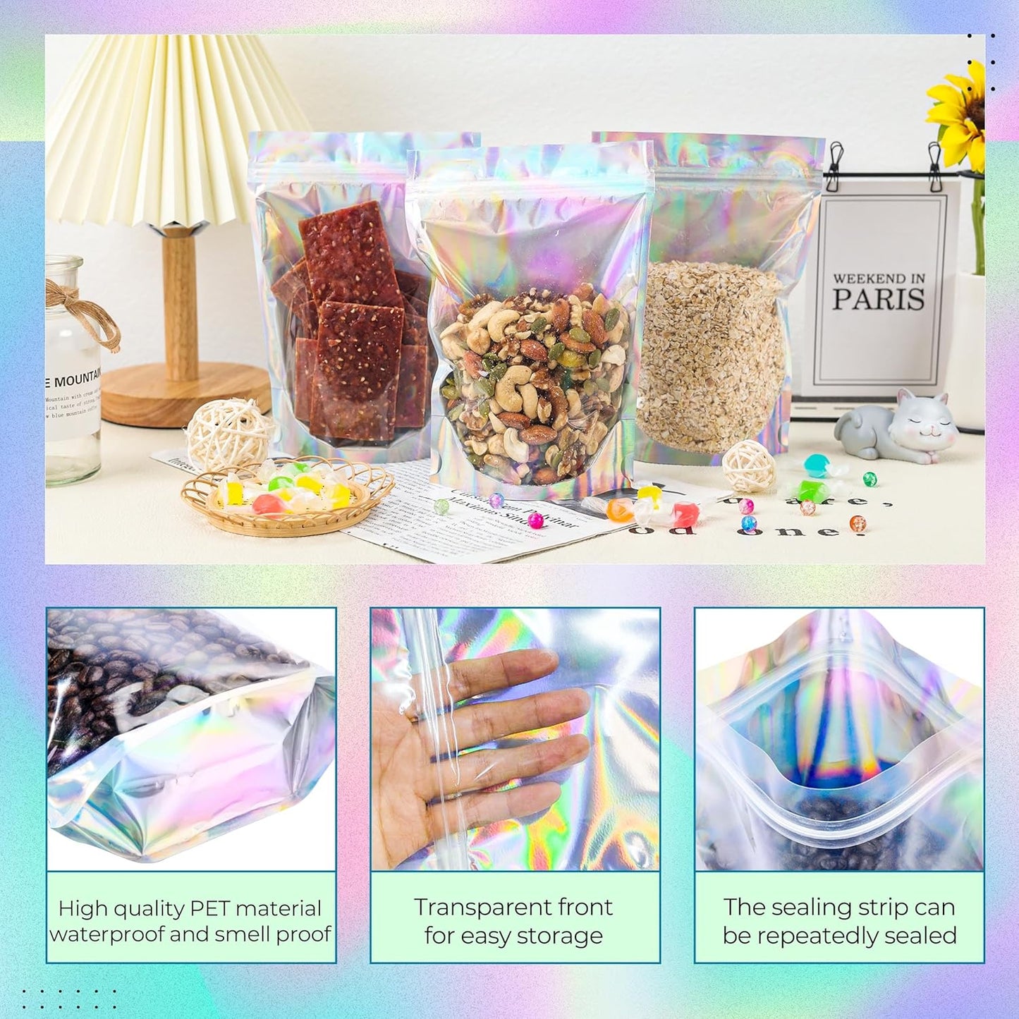 Stand Up Holographic Mylar Bags Resealable Zipper Bags for Small Business Packaging Supplies(100PACK, 6x9IN)