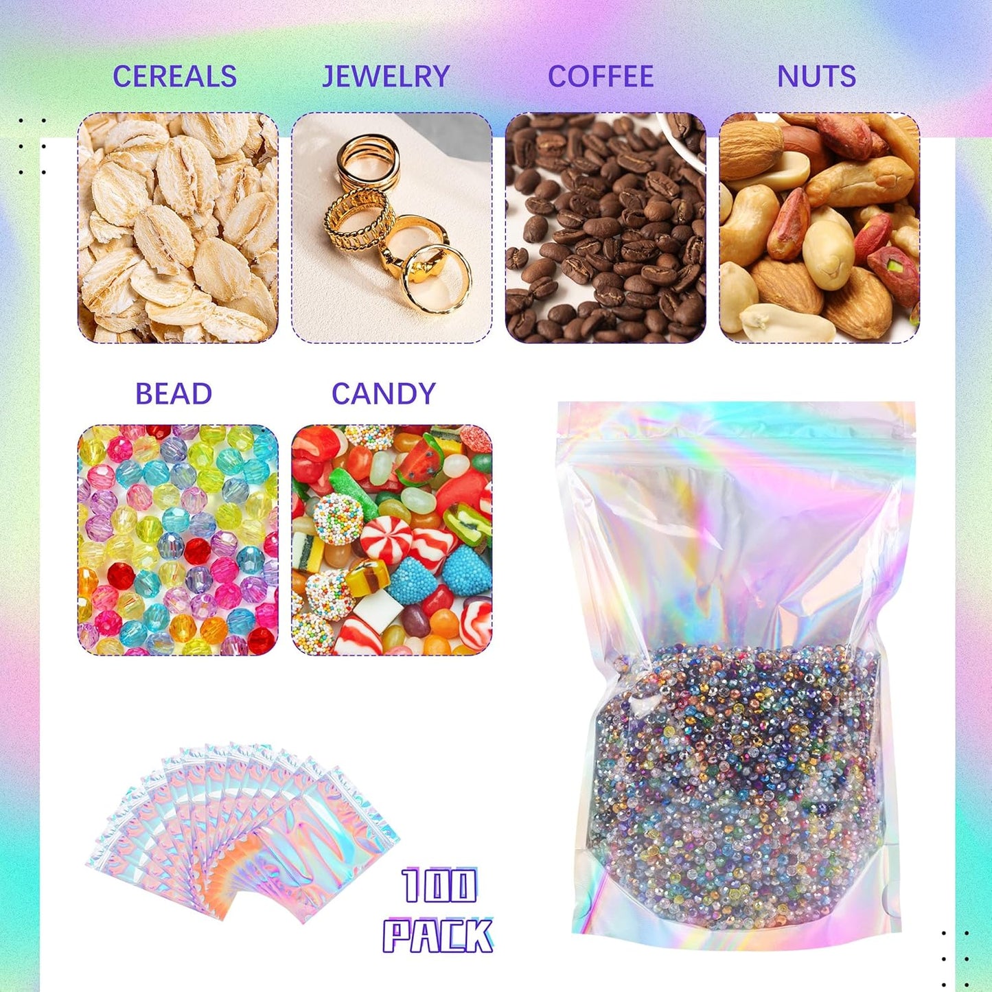 Stand Up Holographic Mylar Bags Resealable Zipper Bags for Small Business Packaging Supplies(100PACK, 6x9IN)