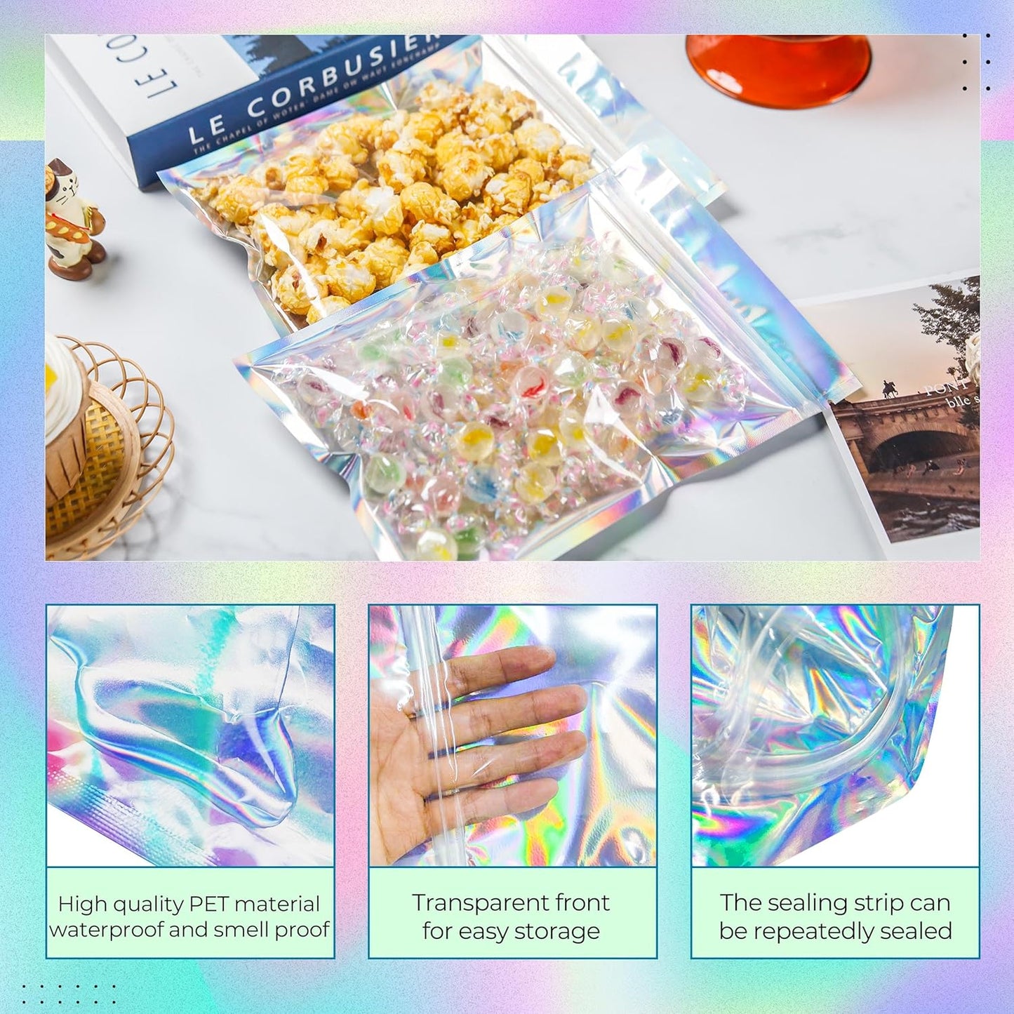Stand Up Holographic Mylar Bags Resealable Zipper Bags for Small Business Packaging Supplies(100PACK, 6x9IN)