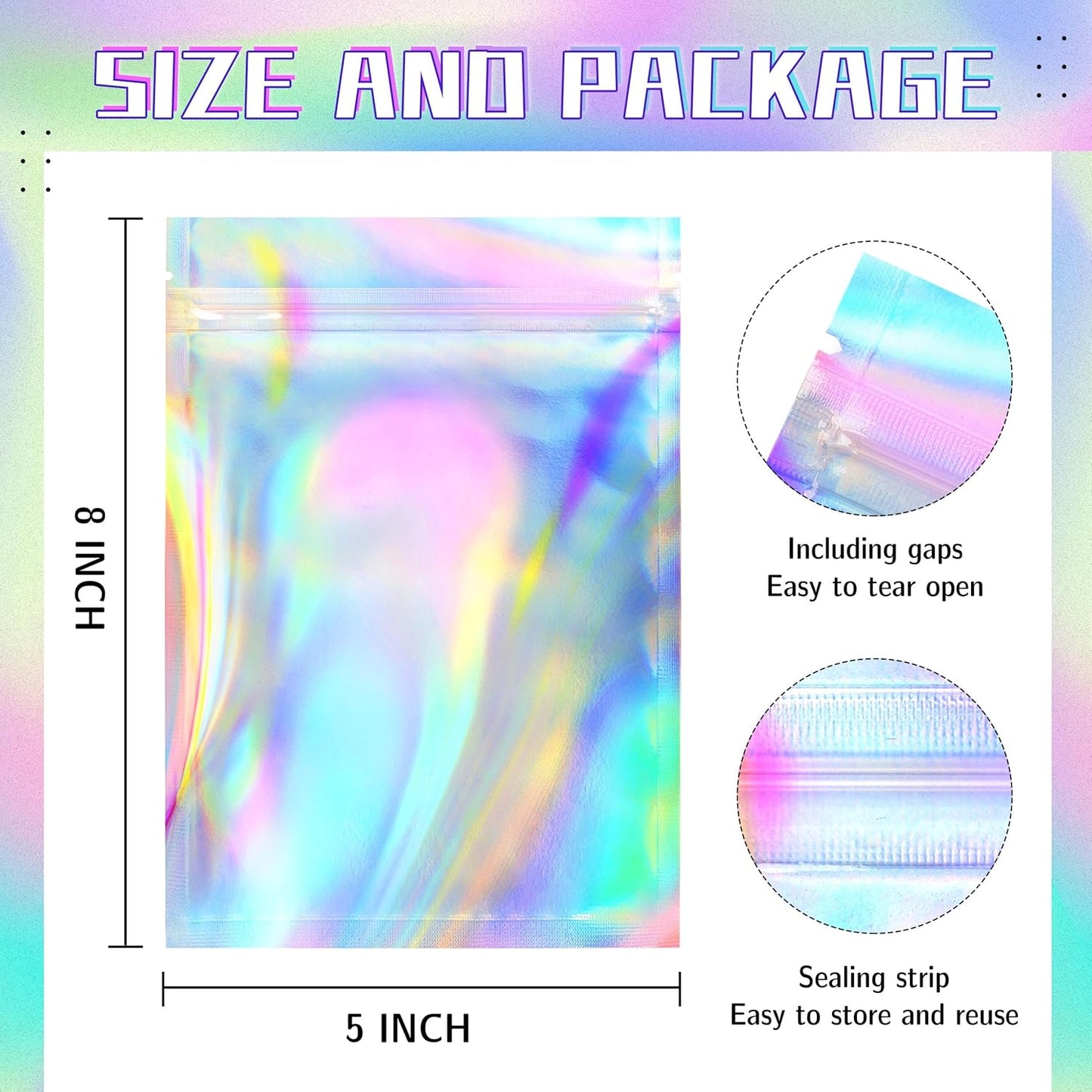Stand Up Holographic Mylar Bags Resealable Zipper Bags for Small Business Packaging Supplies(100PACK, 6x9IN)