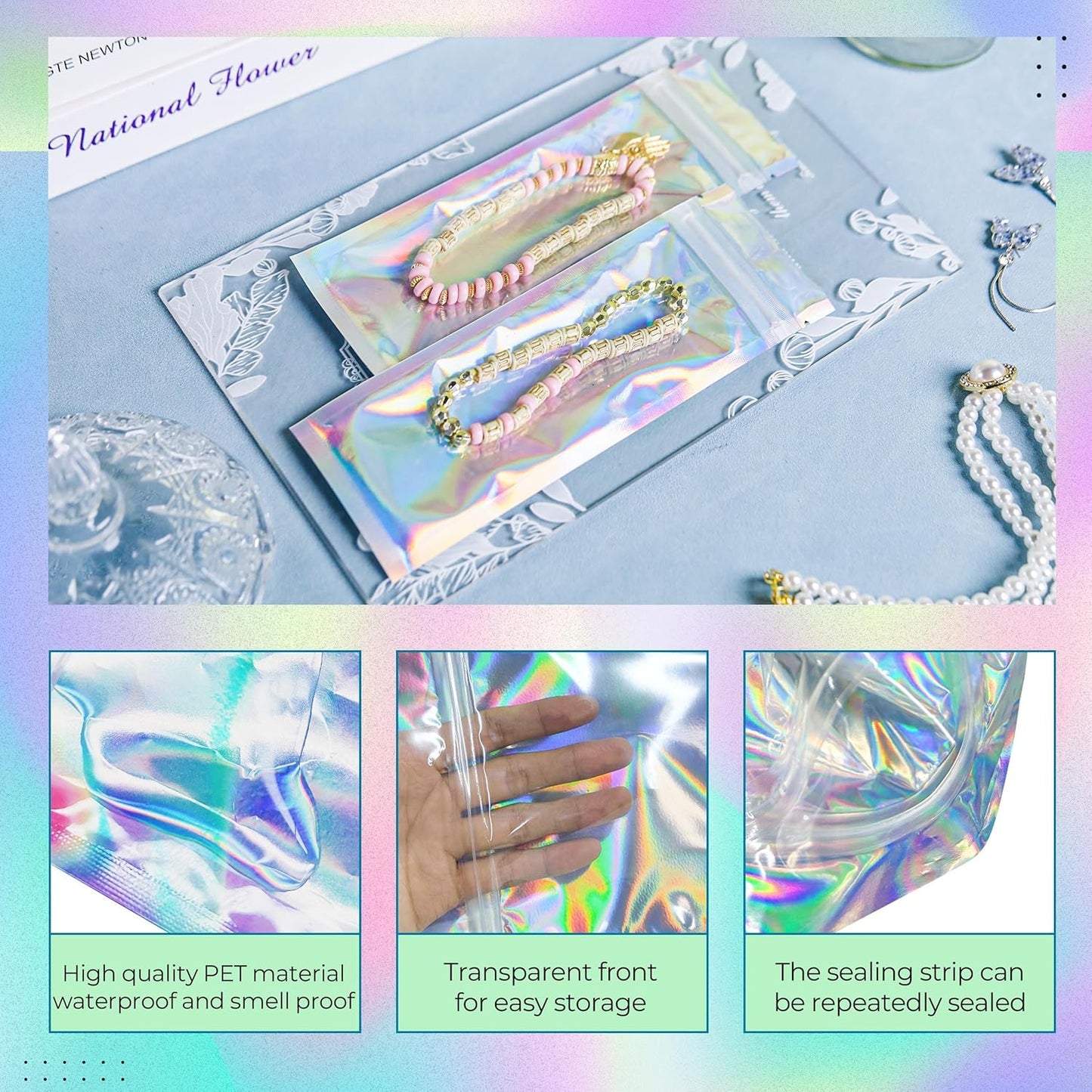 Stand Up Holographic Mylar Bags Resealable Zipper Bags for Small Business Packaging Supplies(100PACK, 6x9IN)