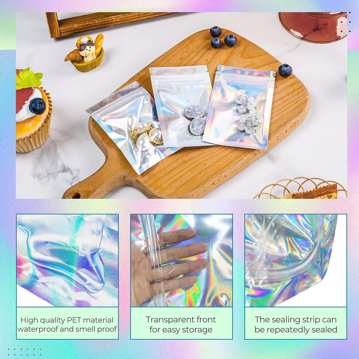 Stand Up Holographic Mylar Bags Resealable Zipper Bags for Small Business Packaging Supplies(100PACK, 6x9IN)