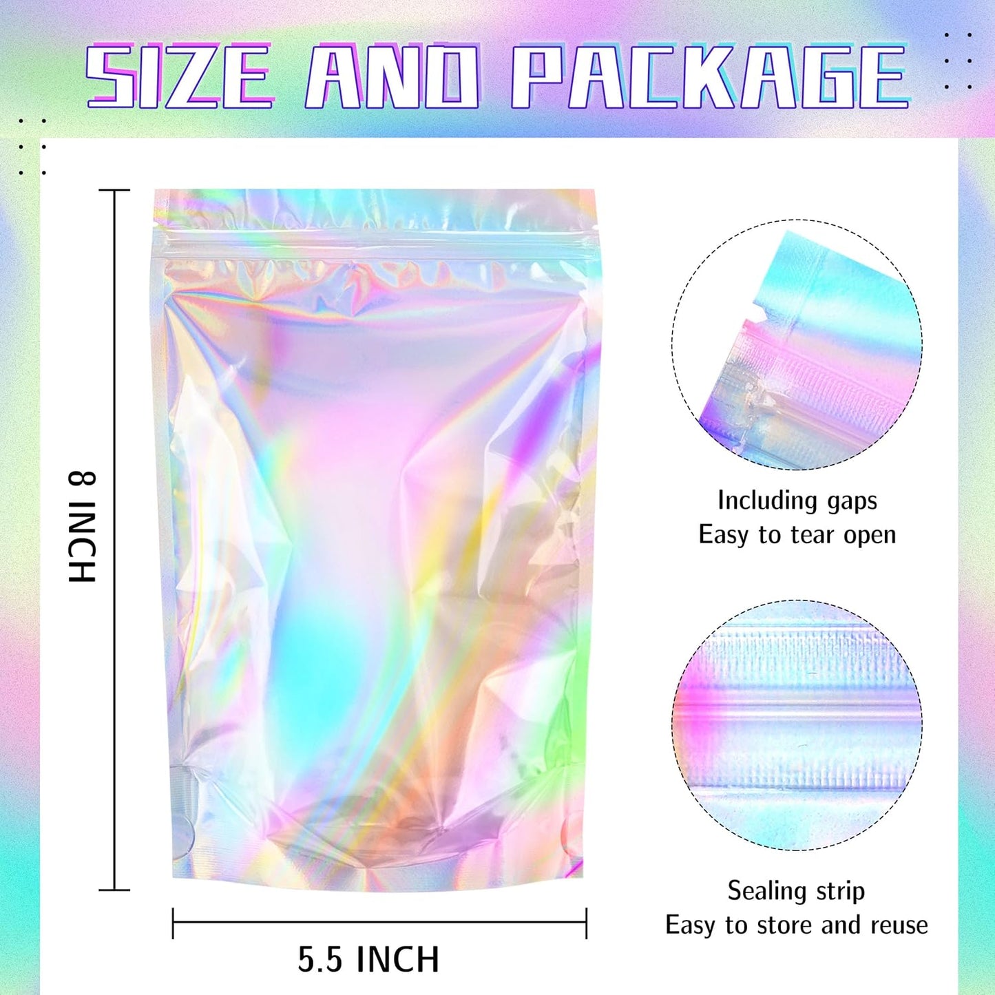 Stand Up Holographic Mylar Bags Resealable Zipper Bags for Small Business Packaging Supplies(100PACK, 6x9IN)