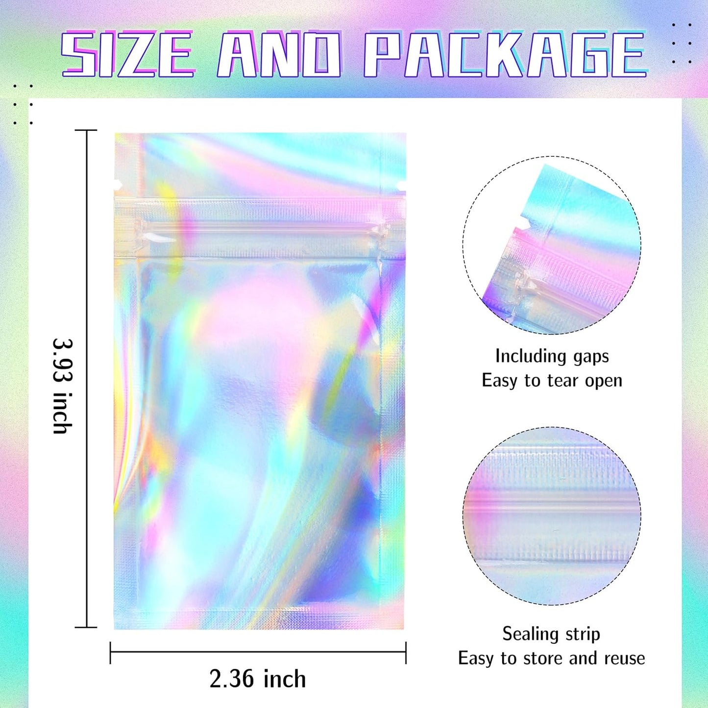 Stand Up Holographic Mylar Bags Resealable Zipper Bags for Small Business Packaging Supplies(100PACK, 6x9IN)