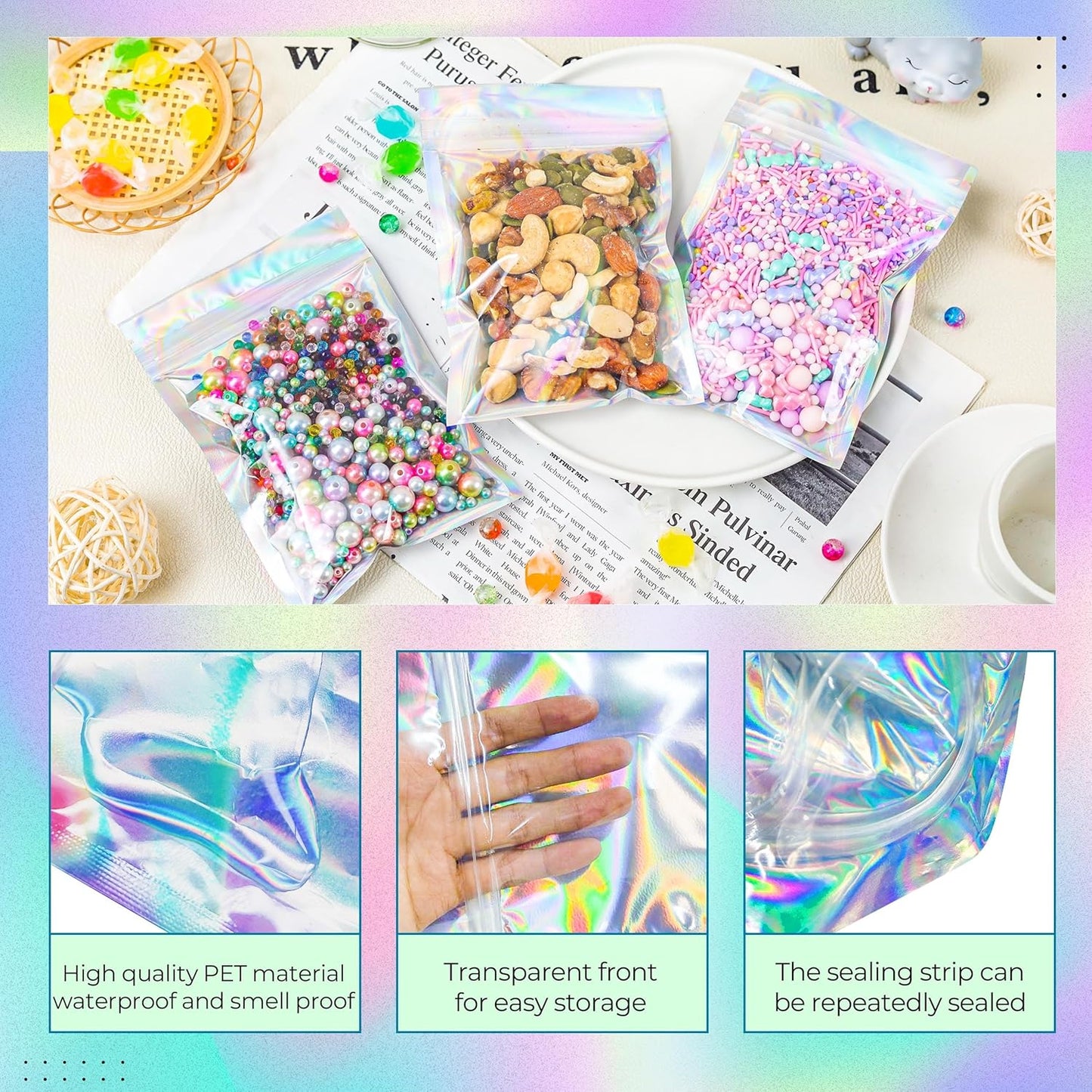 Stand Up Holographic Mylar Bags Resealable Zipper Bags for Small Business Packaging Supplies(100PACK, 6x9IN)